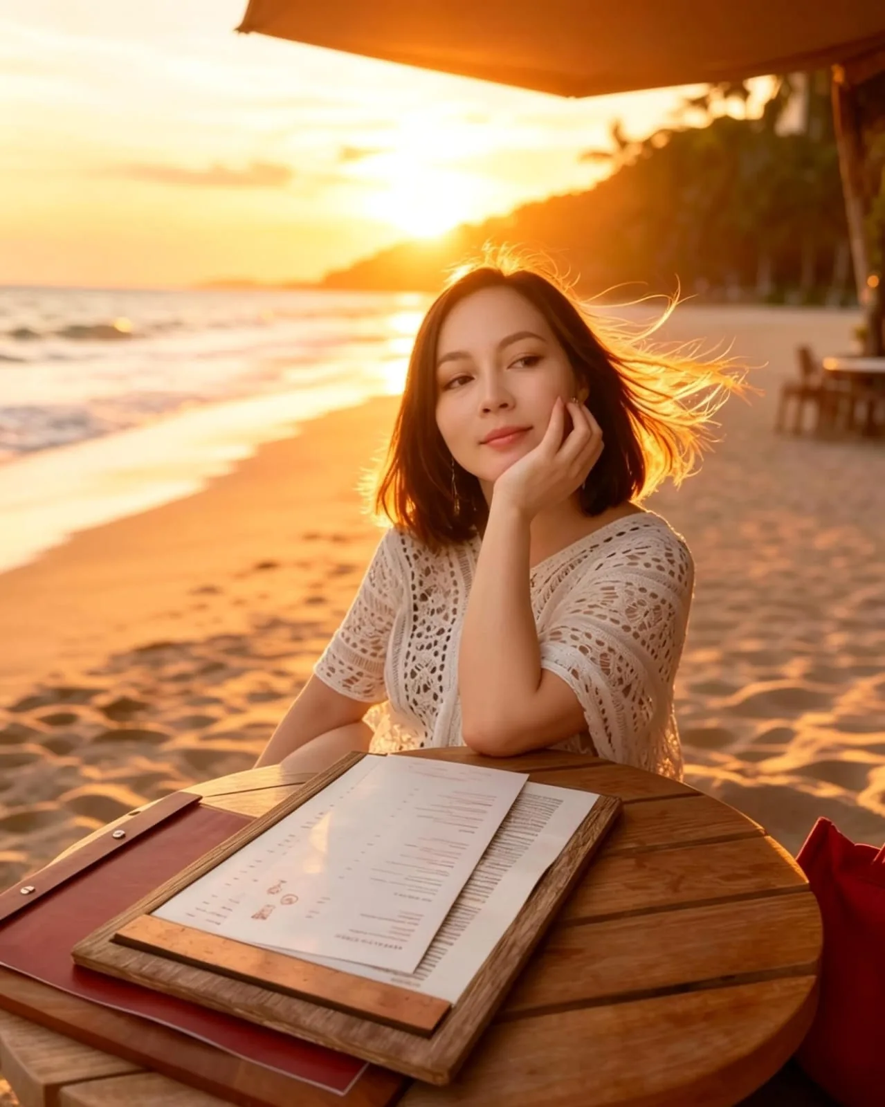 Jo Anastasia at a Bali beach table at golden hour