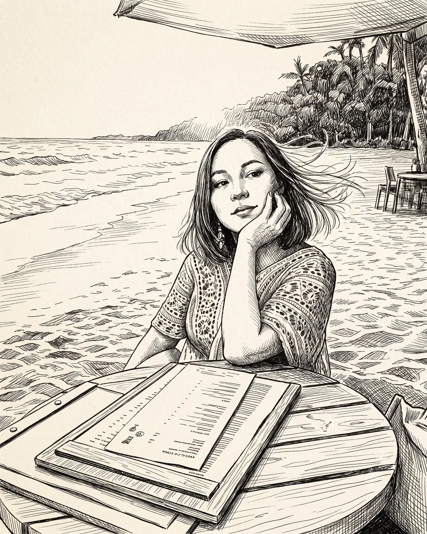 Sketch of Jo Anastasia at a Bali beach table